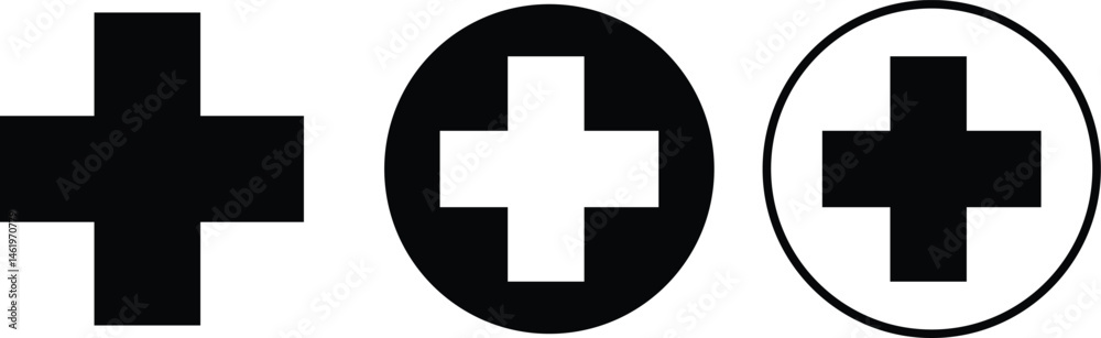 Obraz premium Plus sign icons set in flat styles. Add more symbols illustration. Addition vectors. Medical Plus silhouette for web site and mobile app design. Geometric elements isolated on transparent background.