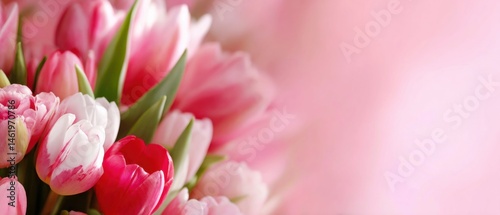 Closeup of Vibrant Pink Tulips Bouquet with Green Leaves on Soft Pink Background Concept of Spring, Mothers Day, and Floral Beauty