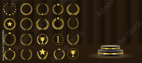 Laurel wreath badge celebrates excellence and top result. Golden leaves wrap in decorative symmetrical formation. Set includes best price, choice, and seller designs. Vector icons set