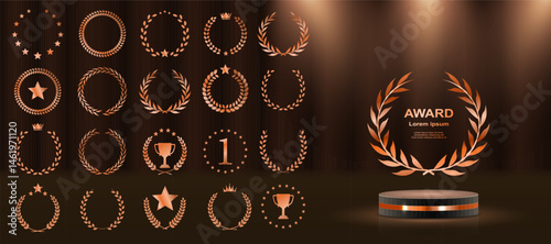 Laurel wreath badge celebrates excellence and top result. Golden leaves wrap in decorative symmetrical formation. Set includes best price, choice, and seller designs. Vector icons set