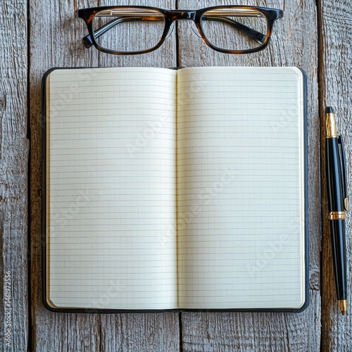 Overhead shot of open notebook with blank pages, pen, and glasses on rustic gray wood desk suggesting business planning and writing ideas.