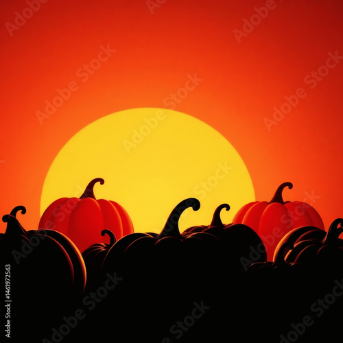 Harvest celebration at sunset with silhouettes of pumpkins against a glowing orange sky photo