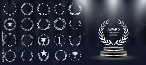 Golden laurel wreath symbolizes first place and achievement. Award badge design fits certificates and prize medals. Elegant leaf crown glows on black premium background. Vector set