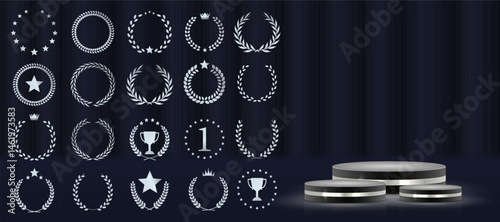 Laurel wreath badge celebrates excellence and top result. Golden leaves wrap in decorative symmetrical formation. Set includes best price, choice, and seller designs. Vector icons set