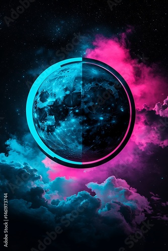 Cosmic moon split by vibrant colors