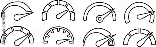 Dashboard speedometer outline icon set. Performance indicator with arrows sign. Internet speed, gauge, dashboard, tachometer, scale. Credit score vector. Risk level isolated on transparent background.