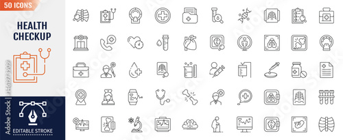 Health checkup line editable icon set. Containing medical checkup, diagnosis, patient, healthcare, health, insurance, hospital, doctor and more. Vector illustration