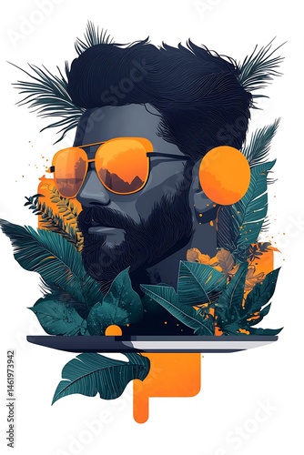 Man with beard, sunglasses, and tropical foliage