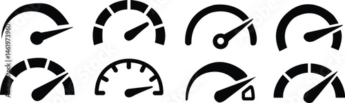 Dashboard speedometer flat icons set. Performance indicator with arrows sign. Internet speed, gauge, dashboard, tachometer, scale. Credit score vectors. Risk levels isolated on transparent background.