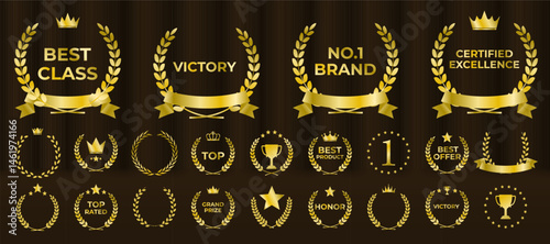 Laurel wreath badge celebrates excellence and top result. Golden leaves wrap in decorative symmetrical formation. Set includes best price, choice, and seller designs. Vector icons set