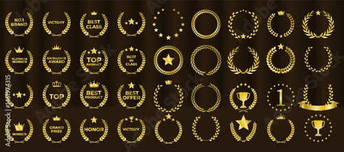 Laurel wreath badge celebrates excellence and top result. Golden leaves wrap in decorative symmetrical formation. Set includes best price, choice, and seller designs. Vector icons set