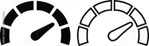 Dashboard speedometer flat and outline icon set. Performance indicator with arrows sign. Internet speed, gauge, tachometer, scale. Credit score vectors. Risk levels isolated on transparent background.