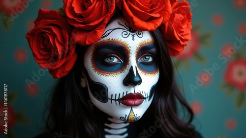 Halloween beauty skeleton woman makeup face. Girl death Halloween costume. Day of The Dead. Charming and dangerous Calavera Catrina.