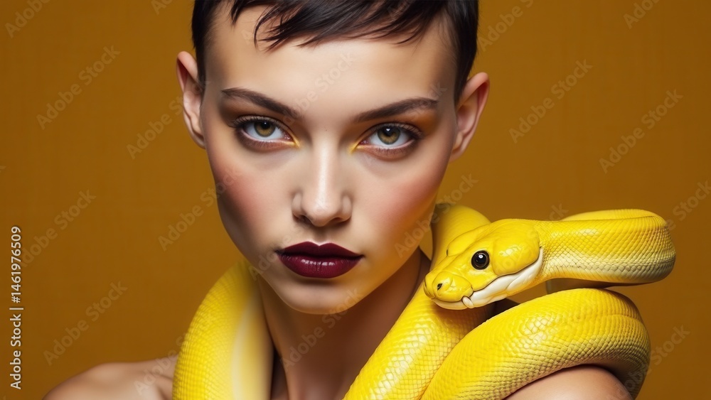 Beauty woman short haircut python yellow snake on her neck. A yellow snake on the shoulders of a girl. Beauty yellow eye shadow makeup, dark burgundy lipstick.