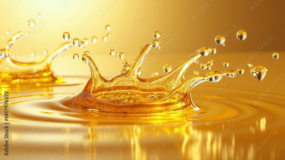 Splashes and drops of liquid oil. Fresh Olive or motor engine oil eco nature golden color close-up. Shine yellow Cosmetic oil or Cosmetic Essence Liquid drop. .