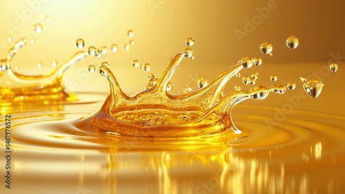 Obraz na płótnie Splashes and drops of liquid oil. Fresh Olive or motor engine oil eco nature golden color close-up. Shine yellow Cosmetic oil or Cosmetic Essence Liquid drop. . w salonie
