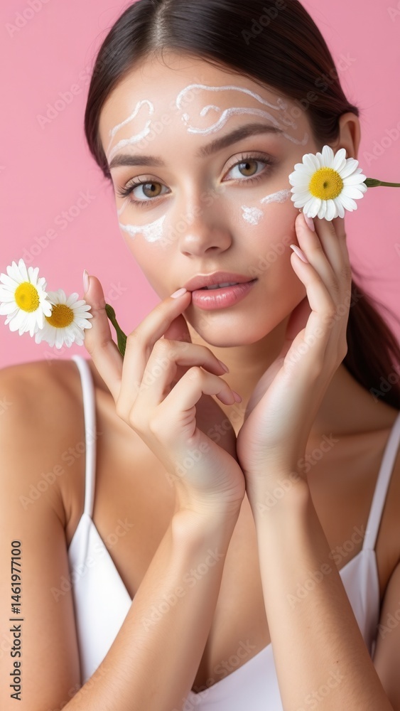 Fashion hand art chamomile natural cosmetics women, white beautiful chamomile flowers hand with bright contrast makeup, hand care. Creative beauty photo girl sitting at table, cont.