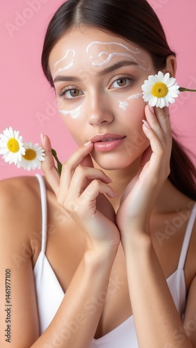 Obraz na płótnie Fashion hand art chamomile natural cosmetics women, white beautiful chamomile flowers hand with bright contrast makeup, hand care. Creative beauty photo girl sitting at table, cont. w salonie