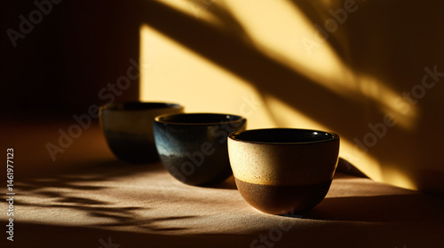 Sunlight shining on tierce coffee cups in a minimalist studio apartment shot, great for cafe menus.