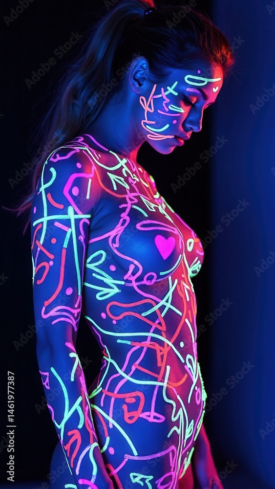 Art woman body art on the body dancing in ultraviolet light. Bright abstract drawings on the girl body neon color. Fashion and art woman, out of focus.