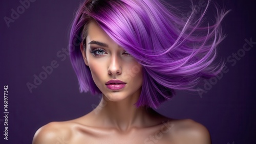 Obraz na płótnie Portrait of a woman with bright colored flying hair, all shades of purple. Hair coloring, beautiful lips and makeup. Hair fluttering in the wind. Sexy girl with short hair. Profes. w salonie