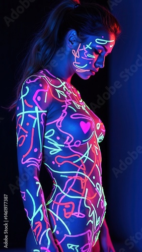 Obraz na płótnie Art woman body art on the body dancing in ultraviolet light. Bright abstract drawings on the girl body neon color. Fashion and art woman, out of focus. w salonie