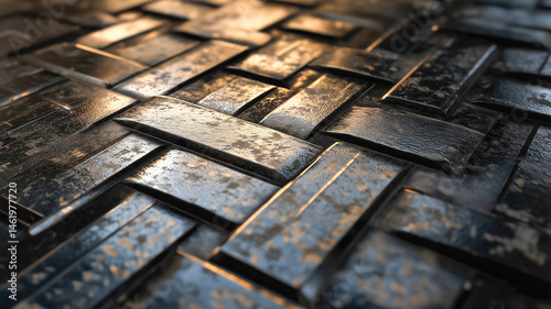 Close-up of a woven metallic texture with aged and rough surface details, creating an abstract industrial background.