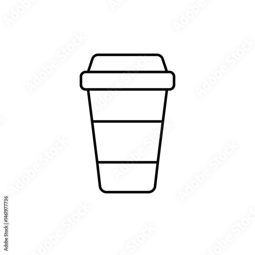 Minimalist black line art of a takeaway coffee cup with a lid on a white background, perfect for café branding, beverage icons, and modern food-related design use.