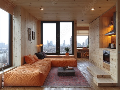 Modern wooden apartment living room with city view photo