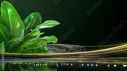 Vibrant green leaves on dark background with swirling golden lines