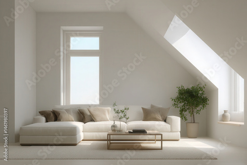 bright and airy attic space featuring minimalist design elements large allowing natural light soft color palette photo