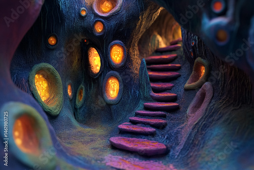 Glowing Creatures and Colorful Clay Stairs in a Cavern