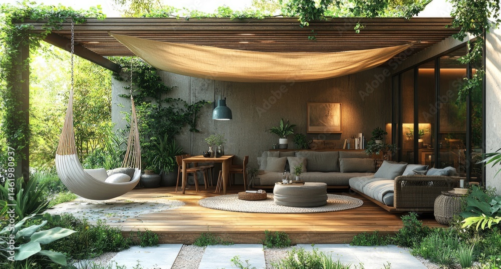Fototapeta premium Tranquil outdoor patio space featuring a comfortable seating area.