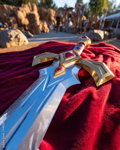 Large silver sword with gold accents and purple gems on crimson velvet cloth in outdoor rocky setting photo
