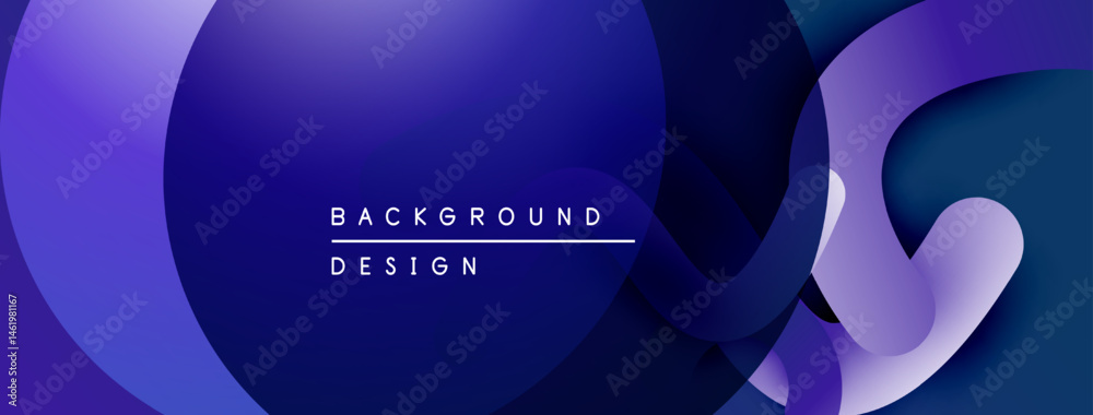 Obraz premium Abstract blue design features overlapping circles, curves. Modern background with gradient shades, text elements present.