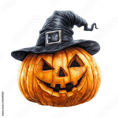 Carved halloween pumpkin with spooky smile wearing a black witch hat isolated on a transparent background. PNG file.