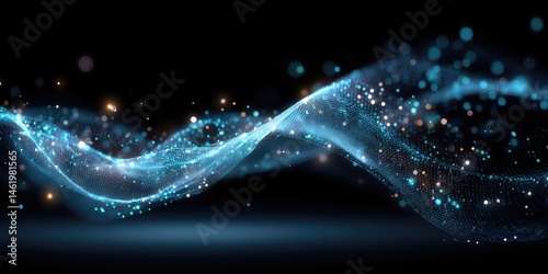 Abstract digital wave of light particles on a dark background.  Soft blue light particles form a flowing wave, scattered with golden sparkles