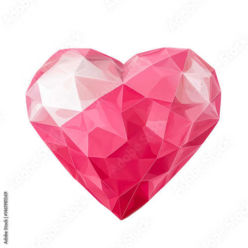 Pink geometric low poly heart with glossy surface isolated on a transparent background.
