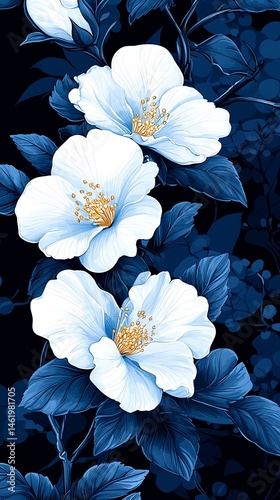 White flowers on dark blue background