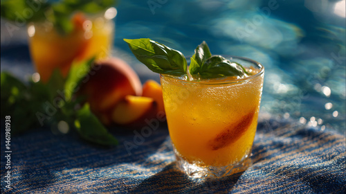 Summer drinks served with fresh peaches and basil, perfect for a sunny poolside day replete with easiness