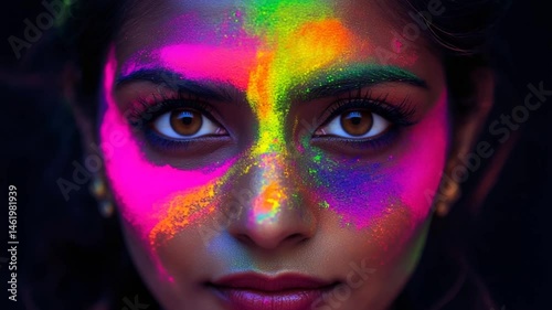 Vibrant Color Celebration: Portrait of a Woman Adorned with Vivid Festival Pigments
