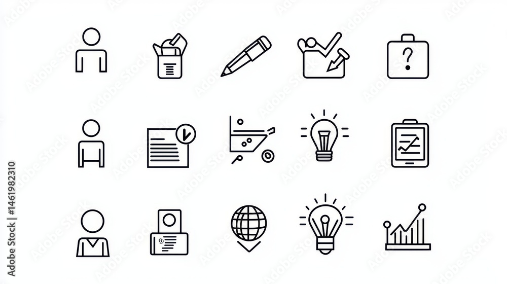 A collection of icons representing various aspects of office work business technology data analytics information research and career development A collection of icons representing various aspects of office work business technology data analytics information research and career development