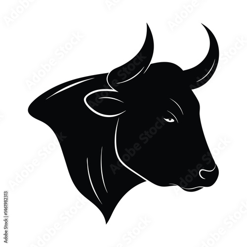 A black and white cow face or bull vector illustration shows an isolated horned bull head, a farm animal for graphic design 