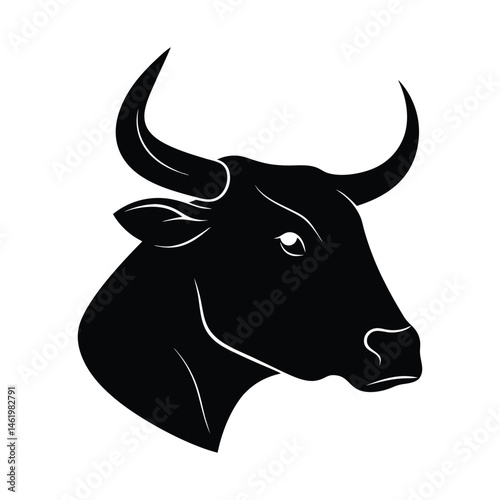 A black and white cow face or bull vector illustration shows an isolated horned bull head, a farm animal for graphic design 
