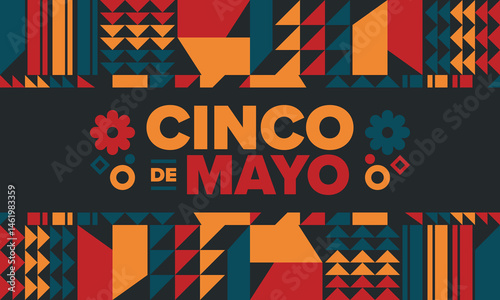Cinco de Mayo in Mexico. Traditional mexican fiesta in May. National happy holiday with carnival, festival and parade. Latin american and spanish pattern. Illustration with sombrero. Vector poster