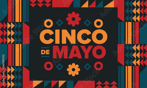 Cinco de Mayo in Mexico. Traditional mexican fiesta in May. National happy holiday with carnival, festival and parade. Latin american and spanish pattern. Illustration with sombrero. Vector poster