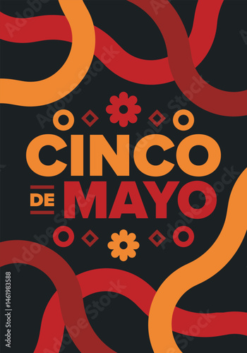 Cinco de Mayo in Mexico. Traditional mexican fiesta in May. National happy holiday with carnival, festival and parade. Latin american and spanish pattern. Illustration with sombrero. Vector poster