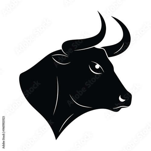 A black and white cow face or bull vector illustration shows an isolated horned bull head, a farm animal for graphic design 