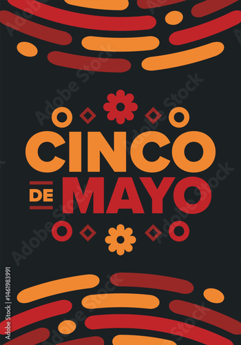 Cinco de Mayo in Mexico. Traditional mexican fiesta in May. National happy holiday with carnival, festival and parade. Latin american and spanish pattern. Illustration with sombrero. Vector poster