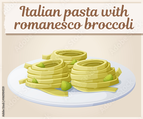 Spaghetti with broccoli vector icon isolated on white background. Cartoon food illustration of delicious and healthy italian meal that is easy to prepare and perfect weeknight dinner